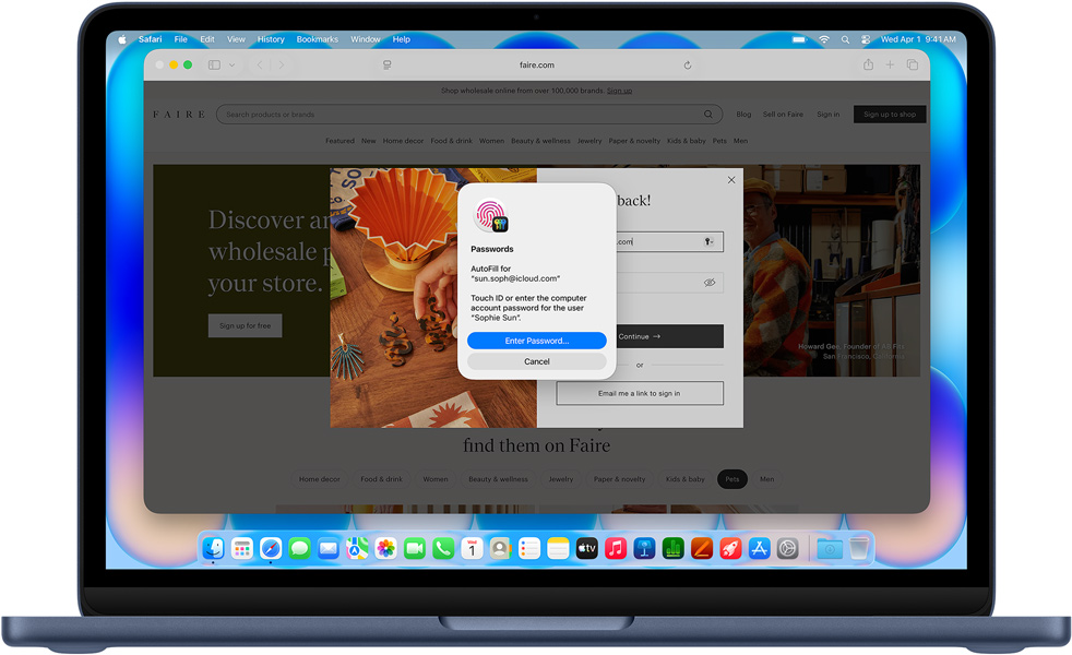 Indigo spalvos „MacBook Neo“, „Safari“ ragina vartotoją prisijungti naudojantis „Touch ID“ arba slaptažodžiu prie svetainės „Community Care Clinic“