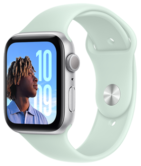 Une Apple Watch SE placée au-dessus des finitions disponibles : aluminium minuit, aluminium lumière stellaire et aluminium argent.