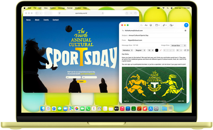 MacBook Neo, couleur jaune agrume, mains sur le clavier, la personne utilisatrice compose un e-mail d’invitation à un évènement sportif, le site web de l’évènement est ouvert en parallèle