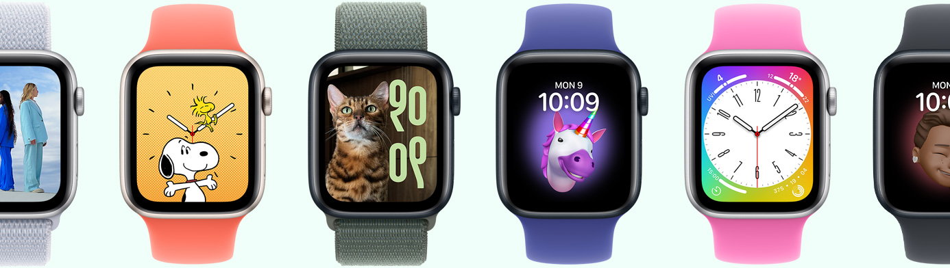 Redzamas vairākas Apple Watch ierīces ar dažādiem ciparnīcu variantiem