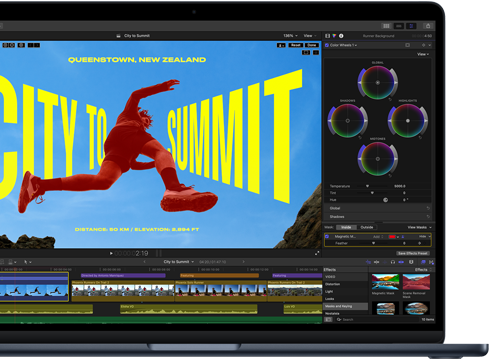 Daļēji redzams MacBook Air ekrāns ar video apstrādi, lai demonstrētu M5 čipa iespējas