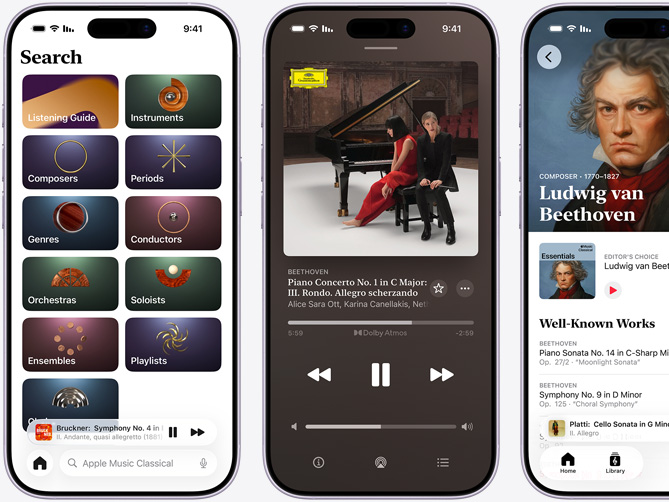 جهاز iPhone إلى اليسار يعرض علامة تبويب Apple Music Classical Browse مع اختيار علامة تبويب Catalog مع المؤلفين الموسيقين والفترات الزمنية والأنواع والقادة الموسيقين وفرق الأوركسترا والعازفين المنفردين والفرق الموسيقية وفئات الجوقات: جهاز iPhone في المنتصف يعرض كونشيرتو البيانو لبيتهوفن، السمفونية الأولى في سلم دو الكبير، تصنيف Op. 15: III. روندو تشغيل مقطوعة Allegro scherzando بتنسيق Dolby Atmos؛ جهاز iPhone إلى اليمين يعرض صفحة الموسيقار Ludwig van Beethoven‏