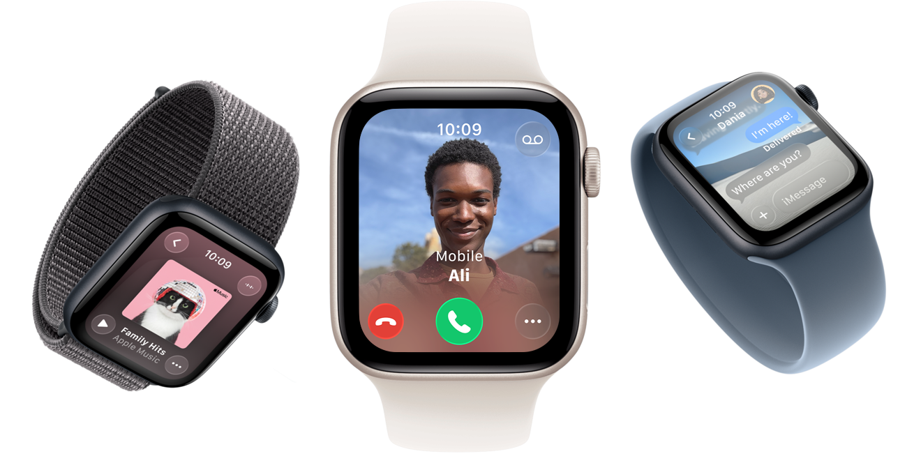 Apple Watch SE 3 devices, aluminum cases, starlight and midnight colors, Sport Loop, dark gray color, Solo Loop, light blush color, Solo Loop, anchor blue color, screens: Apple Music, incoming call, Messages