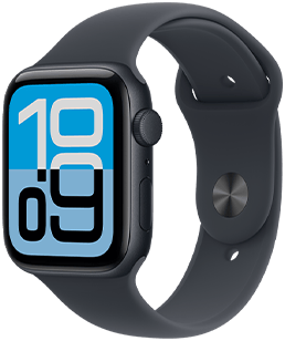 Apple Watch SE 3, aluminum case, midnight color, Flux watch face, right side exterior, Digital Crown, microphone, side button, midnight Sport Band, midnight pin-and-tuck closure