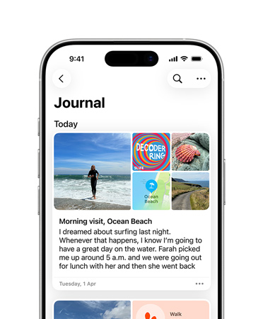 iPhone 16 front, display reads Journal