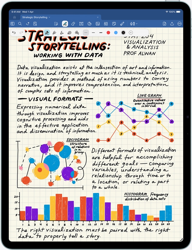 iPad Air in portrait orientation, notes and images on screen