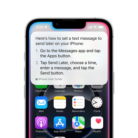 iPhone 16e يعرض نافذة نصية منبثقة من Siri تحتوي على تعلميات عن كيفية إعداد رسالة نصية لإرسالها لاحقاً.