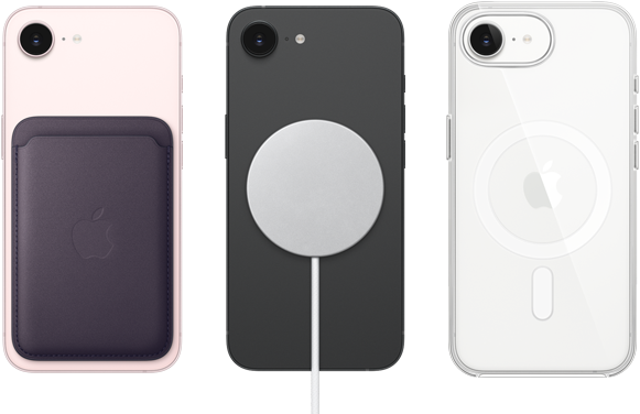 جهاز iPhone 17e، الجزء الخارجي الخلفي، لون زهري ناعم، محفظة من نسيج محبوك مع MagSafe مثبتة، جهاز iPhone 17e، الجزء الخارجي الخلفي، لون أسود، شاحن MagSafe مثبت، جهاز iPhone 17e، الجزء الخارجي الخلفي، لون أبيض، حافظة شفافة مع MagSafe مثبتة