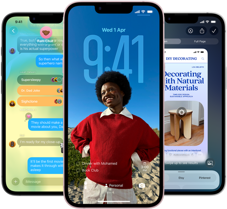 Three iPhone 17e devices, showing Messages app with Liquid Glass design, dynamic Lock Screen, and Visual Intelligence in use