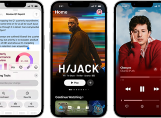 Side-by-side iPhone 17e devices showing different screens: a game being played, Writing Tools, Apple TV app, Apple Music App, a Genmoji being created.
