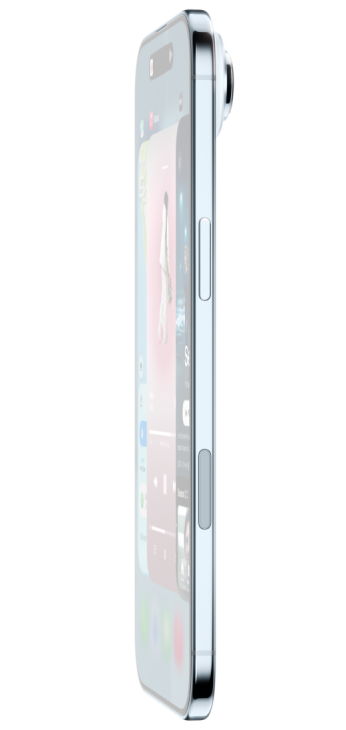 iPhone Air, front exterior, side exterior, with Maps, Music, and Apple TV+ apps, showcasing the App Switcher feature in use