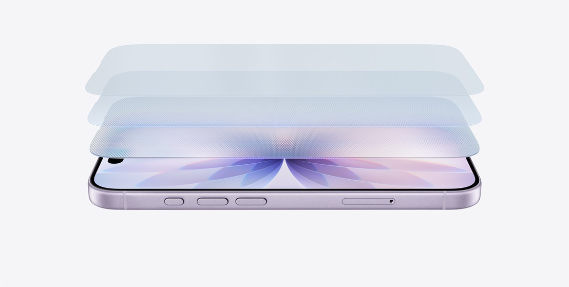 iPhone 17 horizontal on its side in Lavender finish, with a layered design showcasing Ceramic Shield 2