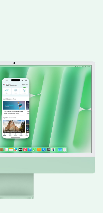 A green iMac demonstrating the use of iPhone Mirroring and the Messages app on screen.