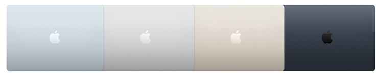 السطح الخارجي لأربعة موديلات من جهاز MacBook Air يبيّن أربعة ألوان مختلفة