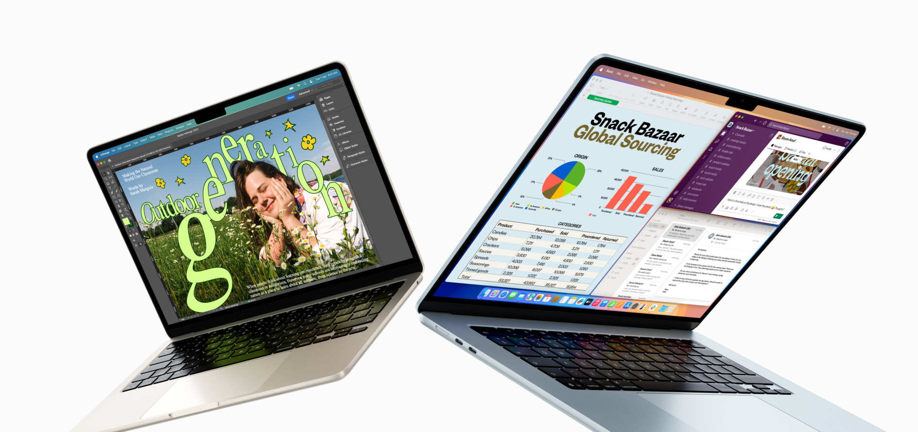 Partially open 13-inch and 15-inch MacBook Air  — one screen shows design work in progress, the other shows multitasking across email and spreadsheets
