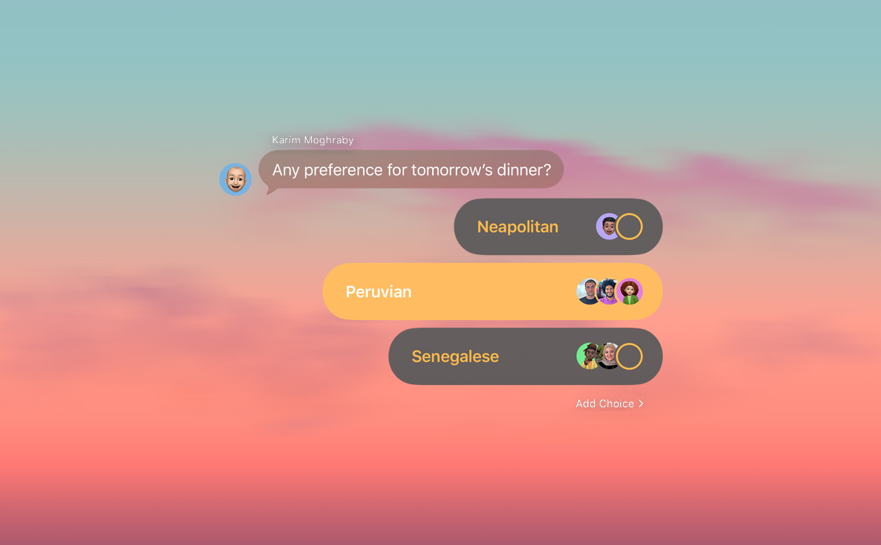 Polls and backgrounds features in Messages with people in the group chat voting on what to have for dinner