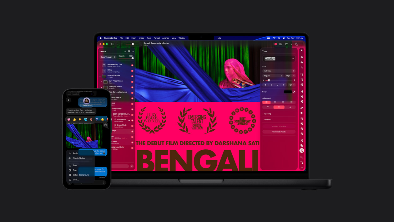 شاشة iPhone&nbsp;16 تعرض صورة لسيدة تضع على رأسها غطاء وردياً في تطبيق الرسائل، ردود فعل برموز إيموجي، خيارات لصور، شاشة MacBook&nbsp;Pro مقاس 14&nbsp;إنش تعرض صورة لسيدة تضع على رأسها غطاء وردياً، ملصق لفيلم، أدوات للتعديل في الجانب الأيسر والجانب الأيمن