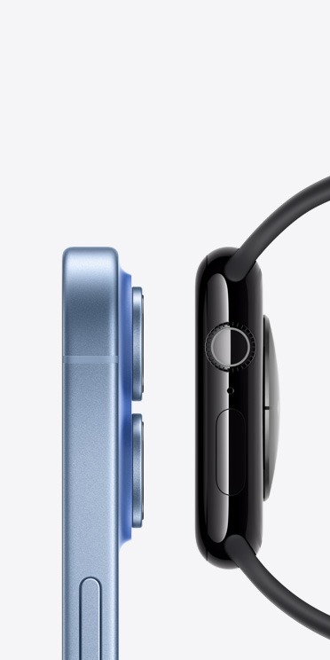 جهاز iPhone 17، الجزء الخارجي الأيمن، زر القفل، عدسات كاميرا نافرة، ساعة Apple Watch Series 11، الجزء الخارجي الأيمن، التاج الرقمي، ميكروفون، الزر الجانبي