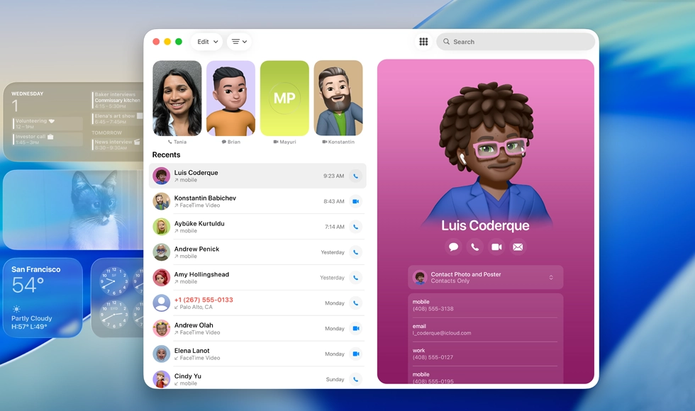 鎖定畫面顯示已開啟的 FaceTime app，聯絡人卡片展示 Genmoji 與姓名，旁邊有最近通話記錄列表