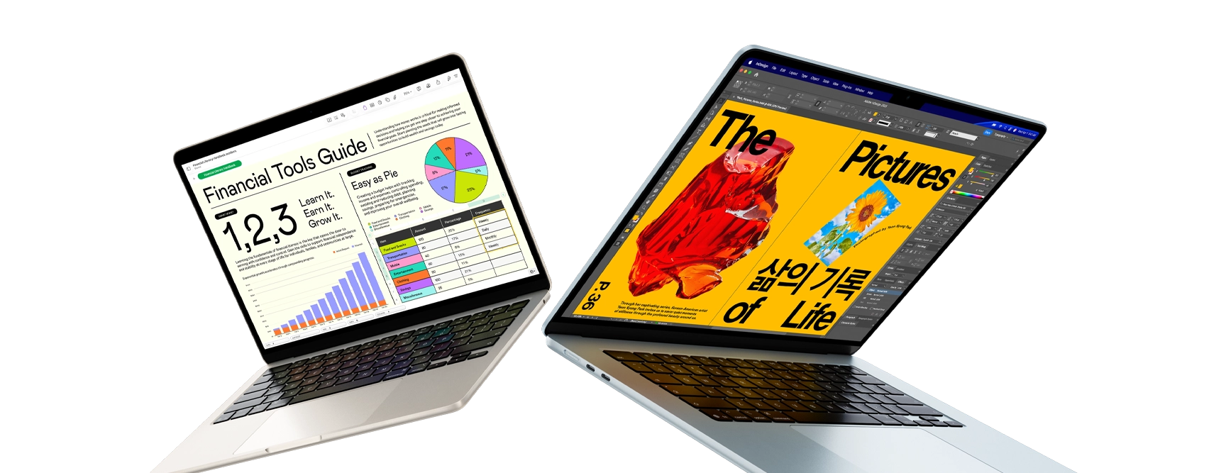 13 吋和 15 吋 MacBook Air 手提電腦，一個畫面顯示 Numbers 工作，另一部畫面顯示設計作品