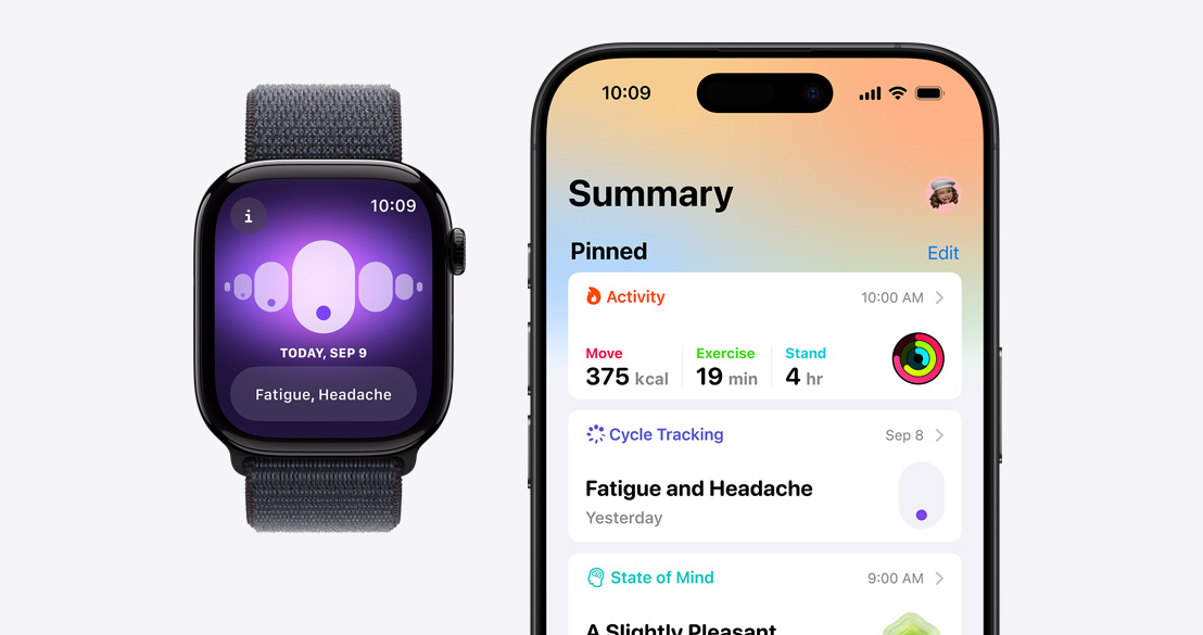 Apple Watch Series 10 顯示經期追蹤 app，而 iPhone 16 Pro 的健康 app 顯示經期追蹤資訊。