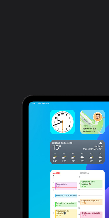 Funcionalidad VoiceOver en la pantalla de un iPad Pro que muestra el widget de la app Clima con la salida de audio: “Clima, Ciudad de México, 15 grados”