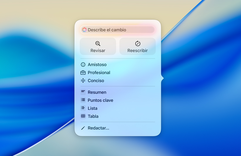 Interfaz del usuario de Herramientas de Escritura con un campo de texto para ingresar instrucciones, botones para Revisar y Reescribir, distintos tonos de voz en la escritura y opciones para crear un resumen, puntos clave, una tabla o una lista