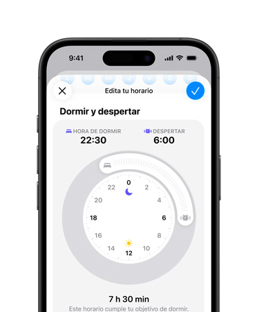 iPhone, horario de sueño abierto en la app Salud, la hora de dormir está configurada a las 10:30 de la noche, la hora de despertar está configurada a las 7 de la mañana, dial de hora radial en el centro de la pantalla, objetivo de 8 horas y 30 minutos de sueño cumplido