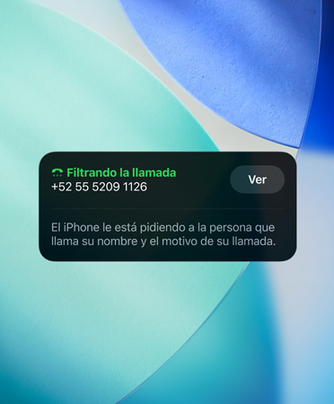 El Widget de la app Teléfono muestra la funcionalidad Revisión de Llamadas en una llamada entrante, con un fondo de pantalla del nuevo sistema operativo