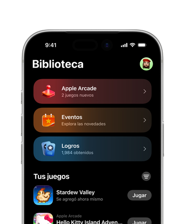 iPhone, la mitad superior de la pantalla muestra el diseño de la app Juegos, incluida la pestaña Biblioteca, con Apple Arcade, Eventos, Logros y la sección Todos los Juegos