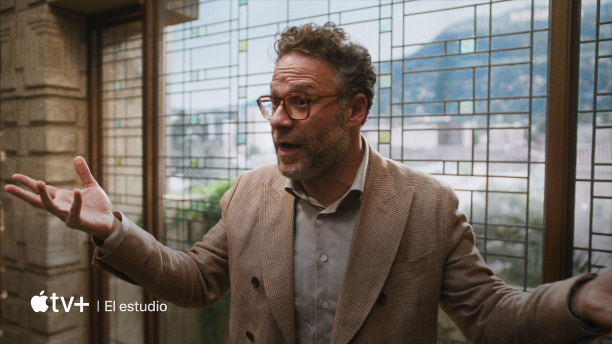 A flatscreen television showing a static image of "The Studio" available on Apple TV+