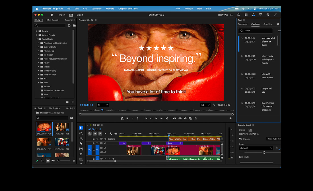 MacBook Pro screen showing the editing of a film titled Eternal Play in Adobe Premiere Pro