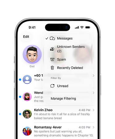 iPhone, top two-thirds showing Messages app with new screening tools feature that now filters unknown numbers into a section called Unknown Senders