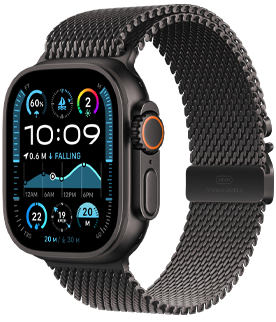 Apple Watch Ultra 2 with a black titanium case and Black Titanium Milanese Loop band.
