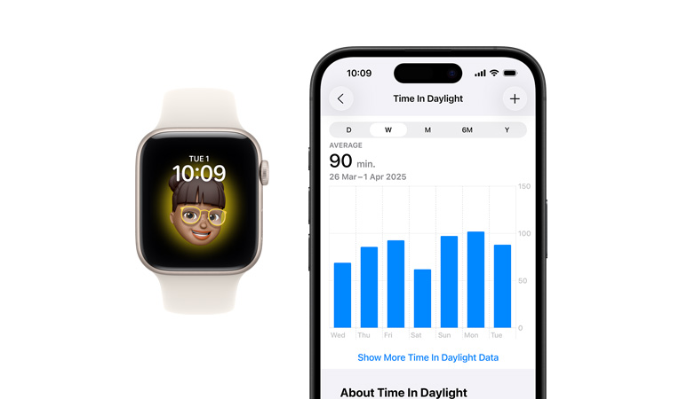 Apple Watch SE 3, aluminium case, starlight colour, Memoji watch face, iPhone, health sharing tab with time in Daylight hours