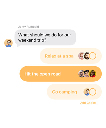 Polls feature in Messages with people in the group chat voting for where to take a weekend trip