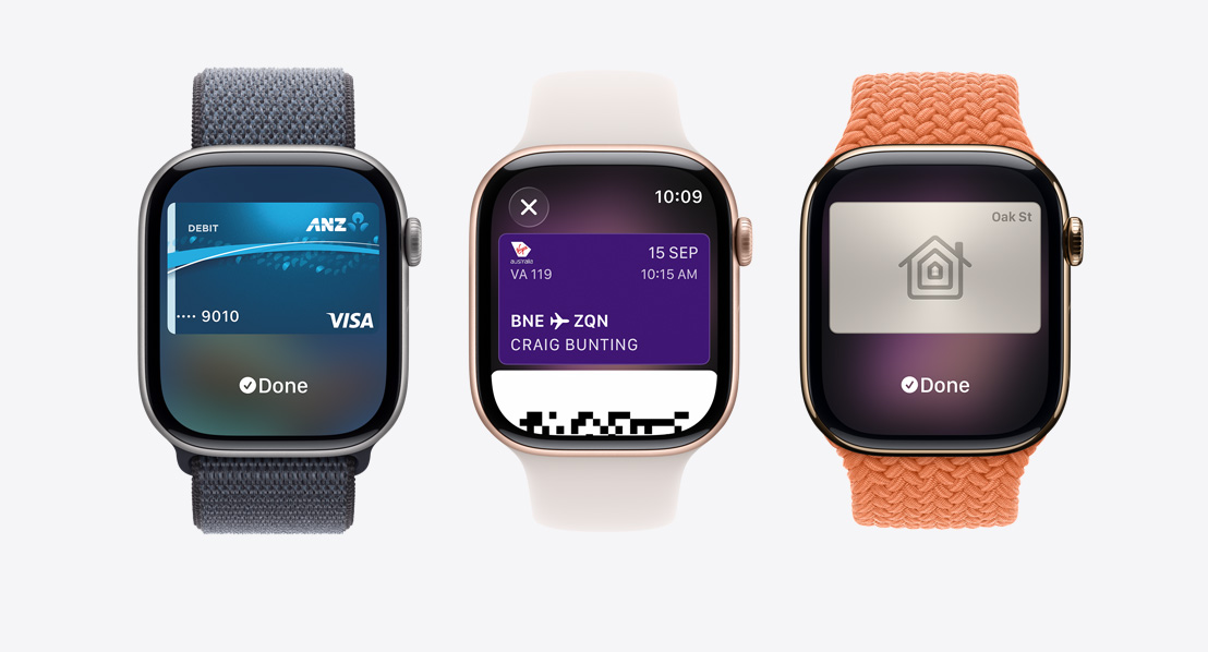 Apple Watch Series 11 devices, aluminium and titanium cases, silver, rose gold and gold colours, Apple Pay screen, Apple Wallet, home key card, Bands: Sport Loop, anchor blue colour, Sport Band, light blush colour, Braided Solo Loop, turmeric colour