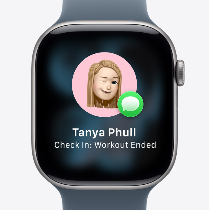Apple Watch Series 11, aluminium case, silver colour, Check In prompt, notification that friend finished their workout, Sport Band, anchor blue colour