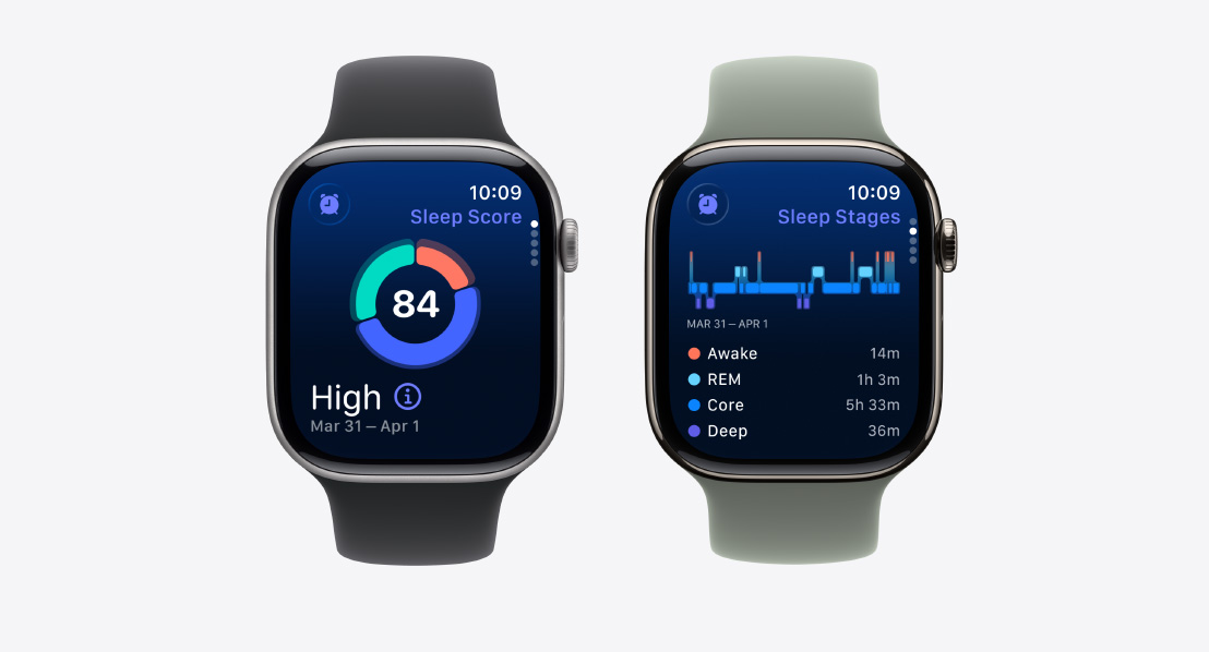 Two Apple Watch Series 11, sleep score screen, possible sleep apnea notification, Sport Loops, black and green gray colors