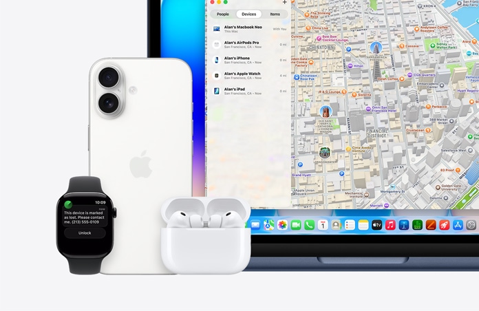 Apple Watch, na ekranie widać tekst „To urządzenie należy do mnie. Proszę do mnie zadzwonić” oraz numer telefonu, obok znajdują się iPhone, AirPods Pro i MacBook Neo w kolorze indygo, na ekranie widać apkę Znajdź z mapą i listą urządzeń wraz z ich lokalizacjami