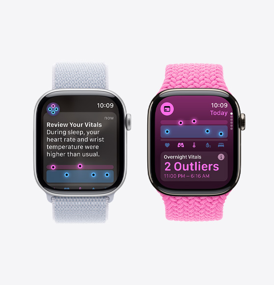 O notificare care te îndeamnă să-ți verifici datele vitale pe un Apple Watch Series 10 și aplicația Semne vitale afișând datele vitale înregistrate pe timpul nopții, cu două valori ieșite din comun, pe un Apple Watch Series 10.