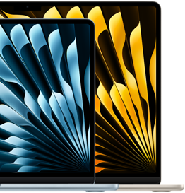 Două laptopuri MacBook Air ce arată dimensiunile relative ale ecranelor: 13,6 inchi și 15,3 inchi, măsurate pe diagonală