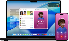 MacBook Pro și iPhone 16 Plus, aplicația Telefon deschisă, același contact afișat pe ambele ecrane