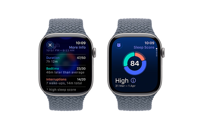 Apple Watch Series 11, space grey colour, aluminium case, sleep score notification, right side exterior, Digital Crown, Braided Solo Loop, anchor blue colour