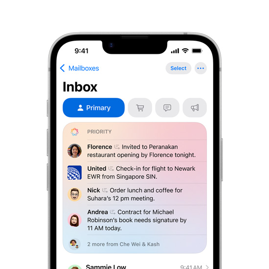 Partial view of iPhone 16e screen showing priority messages in Mail.