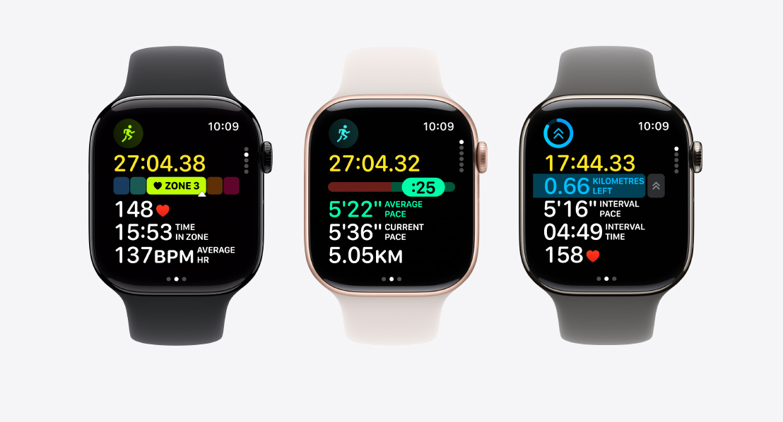 Apple Watch Series 11 devices, aluminum and titanium cases, jet black, rose gold, and natural colors, fitness screens: Heart Rate Zones, Pacer, Custom Workout with intervals, Sport Bands, black, light blush, and stone gray colors