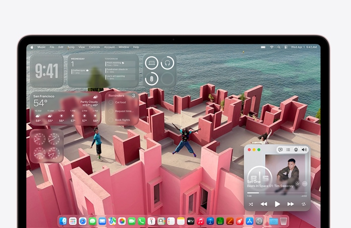 MacBook Neo screen customized with desktop background of a seaside rooftop patio and various widgets like Music, Calendar, Weather, and Reminders
