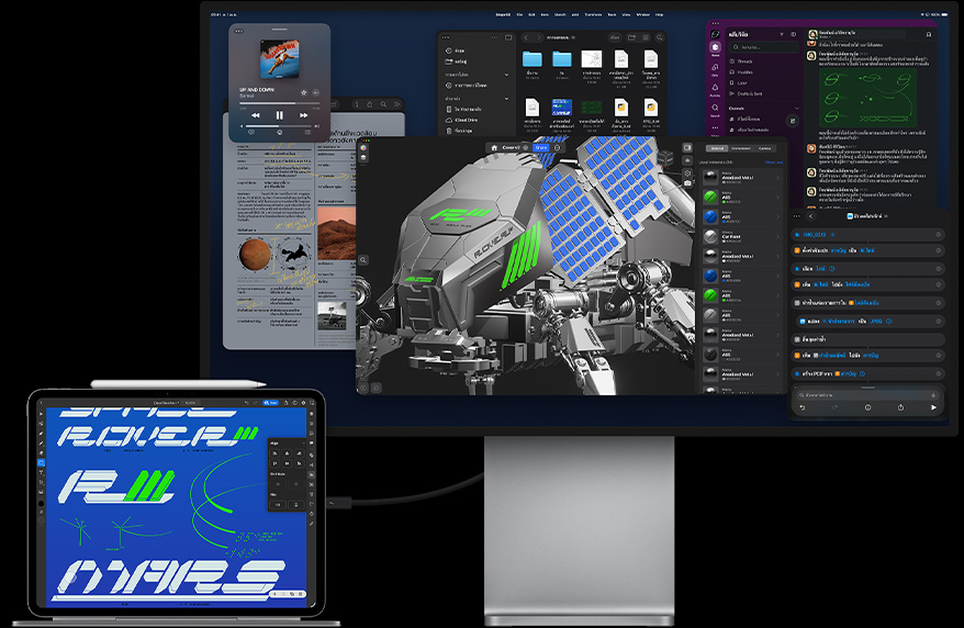 iPad Pro attached to Magic Keyboard, front exterior, all connected to external Mac Studio Display, iPad Pro display with graphic design app, vibrant colors and text, Studio Display showing various apps and a 3D model