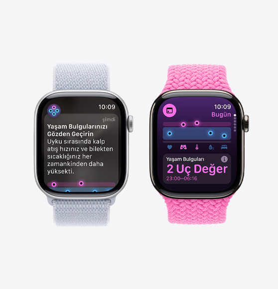 Apple Watch Series 10’da yaşam bulguları bildiriminiz görülüyor ve Apple Watch Series 10’daki Yaşam Bulguları uygulamasında gece boyu alınan yaşam bulgularındaki iki aykırı değer gösteriliyor.