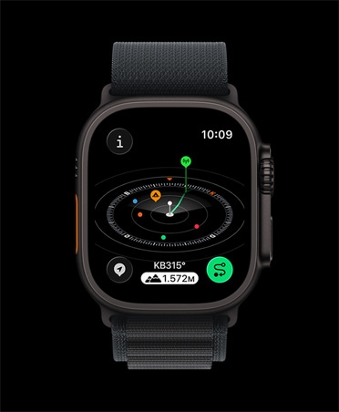 Apple Watch Ultra 3, siyah renk, titanyum kasa, Pusula uygulaması, işaretli ara noktalar, kordon, siyah Alpine Loop